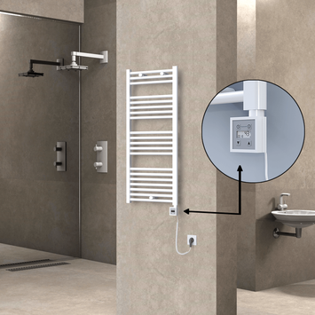 Radiva - Haiti Electric Towel Warmer 500x1100 Flat White Gloss (KTX3 Thermostat) 600 Watt Spiral Cable