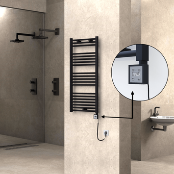 Radiva - Haiti Electric Towel Warmer 500x1100 Flat Black Matt (KTX3 Thermostat) 600 Watt Spiral Cable