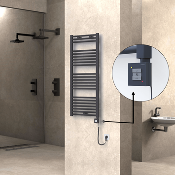 Radiva - Haiti Electric Towel Warmer 500x1200 Flat Anthracite Textured (KTX1 Thermostat) 600 Watt Spiral Cable