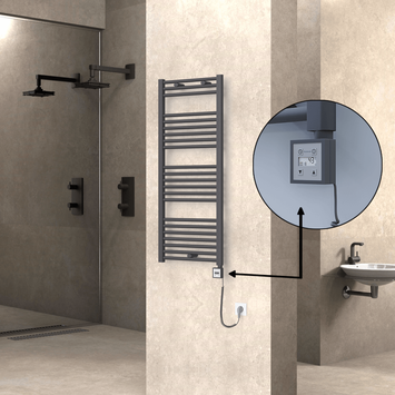Radiva - Haiti Electric Towel Warmer 500x1200 Flat Anthracite Textured (KTX3 Thermostat) 600 Watt Spiral Cable