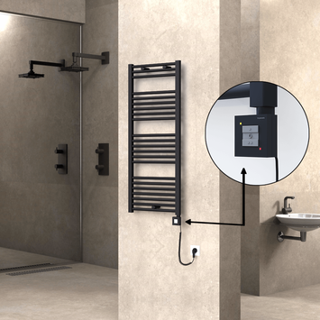 Radiva - Haiti Electric Towel Warmer 500x1200 Flat Black Matt (KTX1 Thermostat) 600 Watt Spiral Cable