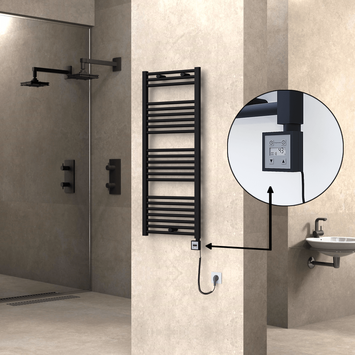 Radiva - Haiti Electric Towel Warmer 500x1200 Flat Black Matt (KTX3 Thermostat) 600 Watt Spiral Cable