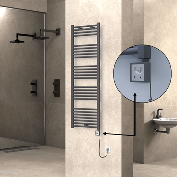 Radiva - Haiti Electric Towel Warmer 500x1500 Flat Anthracite Textured (KTX3 Thermostat) 600 Watt Spiral Cable