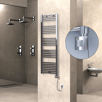 Radiva - Haiti Electric Towel Warmer 500x1500 Flat Chrome (KTX1 Thermostat) 600 Watt Spiral Cable