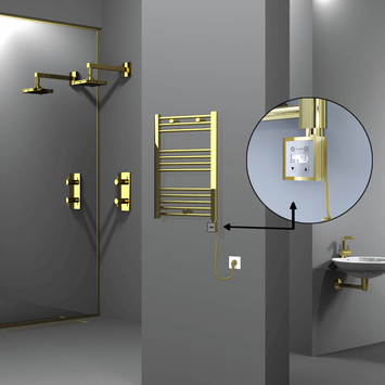 Radiva - Haiti Electric Towel Warmer 500x700 Flat Gold (KTX3 Thermostat) 200 Watt Spiral Cable Radiva - Haiti Electric Towel Warmer 500x700 Flat Gold (KTX3 Thermostat) 200 Watt Spiral Cable