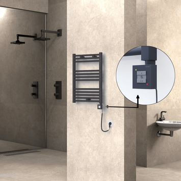 Radiva - Haiti Electric Towel Warmer 500x700 Flat Anthracite Textured (KTX1 Thermostat) 300 Watt Spiral Cable