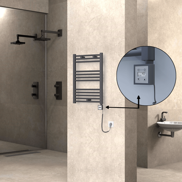 Radiva - Haiti Electric Towel Warmer 500x700 Flat Anthracite Textured (KTX3 Thermostat) 300 Watt Spiral Cable