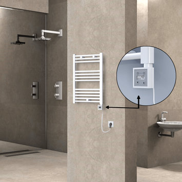 Radiva - Haiti Electric Towel Warmer 500x700 Flat White Gloss (KTX3 Thermostat) 300 Watt Spiral Cable