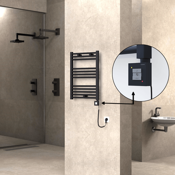 Radiva - Haiti Electric Towel Warmer 500x700 Flat Black Matt (KTX1 Thermostat) 300 Watt Spiral Cable