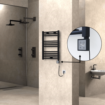 Radiva - Haiti Electric Towel Warmer 500x700 Flat Black Matt (KTX3 Thermostat) 300 Watt Spiral Cable