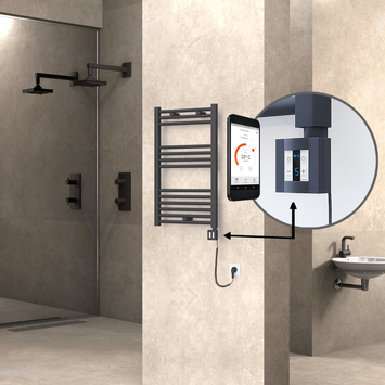 Radiva - Haiti Electric Towel Warmer 500x800 Flat Anthracite Textured (KTX4 Thermostat) 300 Watt Spiral Cable