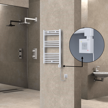 Radiva - Haiti Electric Towel Warmer 500x800 Flat White Gloss (KTX1 Thermostat) 300 Watt Spiral Cable