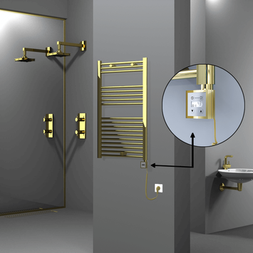 Radiva - Haiti Electric Towel Warmer 600x1000 Flat Gold (KTX3 Thermostat) 300 Watt Spiral Cable