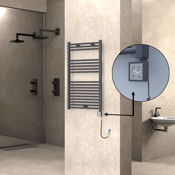 Radiva - Haiti Electric Towel Warmer 600x1000 Flat Anthracite Textured (KTX3 Thermostat) 600 Watt Spiral Cable