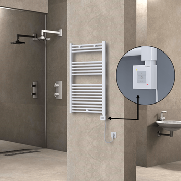 Radiva - Haiti Electric Towel Warmer 600x1000 Flat White Gloss (KTX1 Thermostat) 600 Watt Spiral Cable