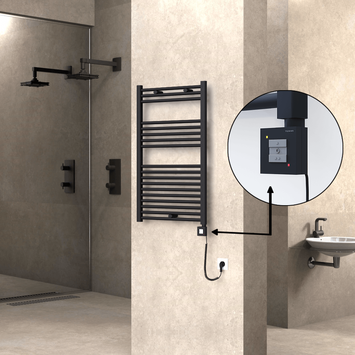 Radiva - Haiti Electric Towel Warmer 600x1000 Flat Black Matt (KTX1 Thermostat) 600 Watt Spiral Cable
