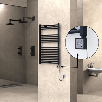 Radiva - Haiti Electric Towel Warmer 600x1000 Flat Black Matt (KTX3 Thermostat) 600 Watt Spiral Cable