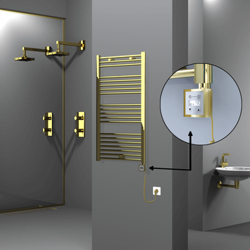 Radiva - Haiti Electric Towel Warmer 600x1100 Flat Gold (KTX3 Thermostat) 300 Watt Spiral Cable