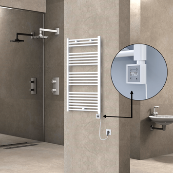  - Haiti Electric Towel Warmer 600x1100 Flat White Gloss (KTX3 Thermostat) 600 Watt Spiral Cable