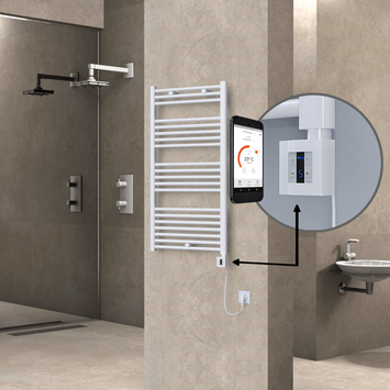 Radiva - Haiti Electric Towel Warmer 600x1100 Flat White Gloss (KTX4 Thermostat) 600 Watt Spiral Cable