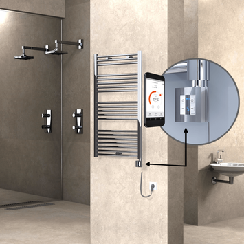  - Haiti Electric Towel Warmer 600x1100 Flat Chrome (KTX4 Thermostat) 300 Watt Spiral Cable