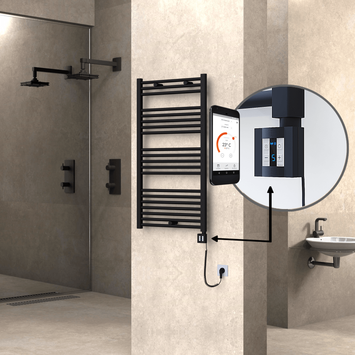 Radiva - Haiti Electric Towel Warmer 600x1100 Flat Black Matt (KTX4 Thermostat) 600 Watt Spiral Cable