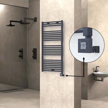 Radiva - Haiti Electric Towel Warmer 600x1200 Flat Anthracite Textured (KTX1 Thermostat) 600 Watt
