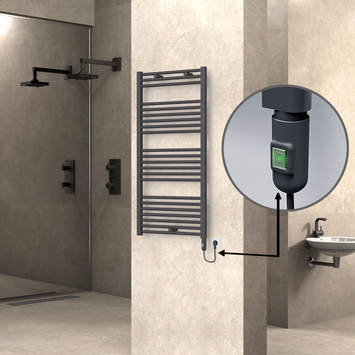 Radiva - Haiti Electric Towel Warmer 600x1200 Flat Anthracite Textured (On/Off Button) 600 Watt