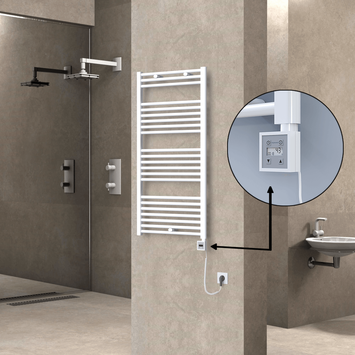  - Haiti Electric Towel Warmer 600x1200 Flat White Gloss (KTX3 Thermostat) 600 Watt Spiral Cable
