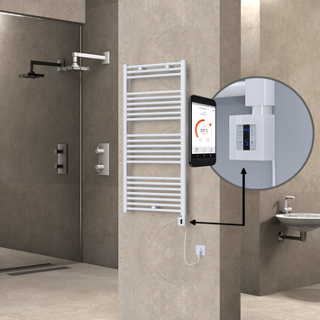 Radiva - Haiti Electric Towel Warmer 600x1200 Flat White Gloss (KTX4 Thermostat) 600 Watt Spiral Cable
