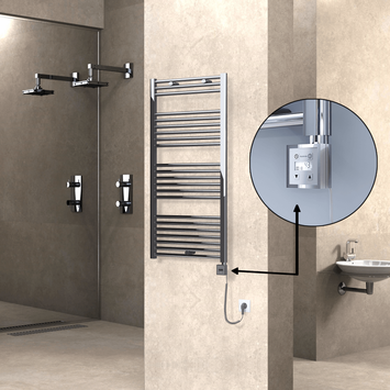 Radiva - Haiti Electric Towel Warmer 600x1200 Flat Chrome (KTX3 Thermostat) 300 Watt Spiral Cable