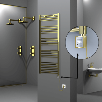 Radiva - Haiti Electric Towel Warmer 600x1500 Flat Gold (KTX3 Thermostat) 600 Watt Spiral Cable