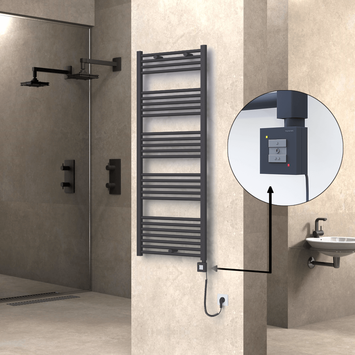 Radiva - Haiti Electric Towel Warmer 600x1500 Flat Anthracite Textured (KTX1 Thermostat) 1000 Watt Spiral Cable