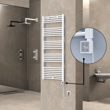 Radiva - Haiti Electric Towel Warmer 600x1500 Flat White Gloss (KTX3 Thermostat) 1000 Watt Spiral Cable