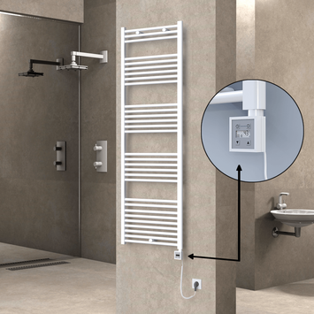 Radiva - Haiti Electric Towel Warmer 600x1800 Flat White Gloss (KTX3 Thermostat) 1000 Watt Spiral Cable