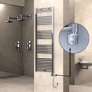 Radiva - Haiti Electric Towel Warmer 600x1800 Flat Chrome (KTX3 Thermostat) 600 Watt Spiral Cable