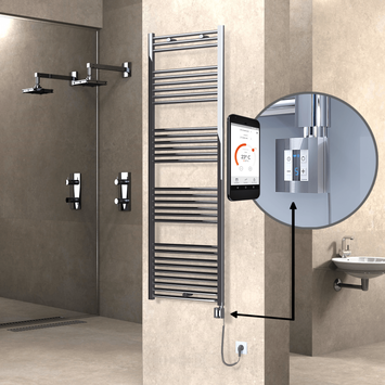 Radiva - Haiti Electric Towel Warmer 600x1800 Flat Chrome (KTX4 Thermostat) 600 Watt Spiral Cable