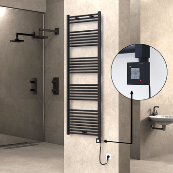 Radiva - Haiti Electric Towel Warmer 600x1800 Flat Black Matt (KTX1 Thermostat) 1000 Watt Spiral Cable