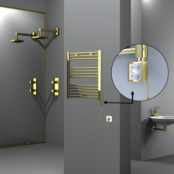 Radiva - Haiti Electric Towel Warmer 600x700 Flat Gold (KTX3 Thermostat) 200 Watt Spiral Cable