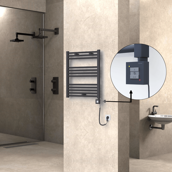 Radiva - Haiti Electric Towel Warmer 600x700 Flat Anthracite Textured (KTX1 Thermostat) 300 Watt Spiral Cable