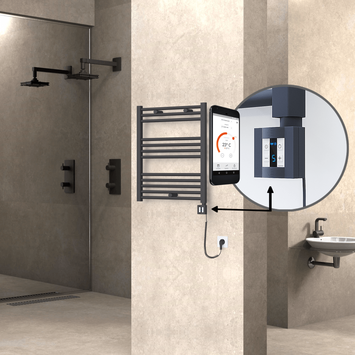 Radiva - Haiti Electric Towel Warmer 600x700 Flat Anthracite Textured (KTX4 Thermostat) 300 Watt Spiral Cable