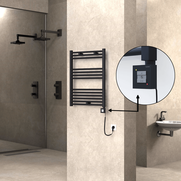 Radiva - Haiti Electric Towel Warmer 600x800 Flat Black Matt (KTX1 Thermostat) 300 Watt Spiral Cable