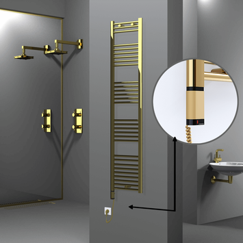 Radiva - Haiti Sèche Serviettes Electrique 300 Watt 400x1800 Plat Or (OneD On/Off ) Gauche